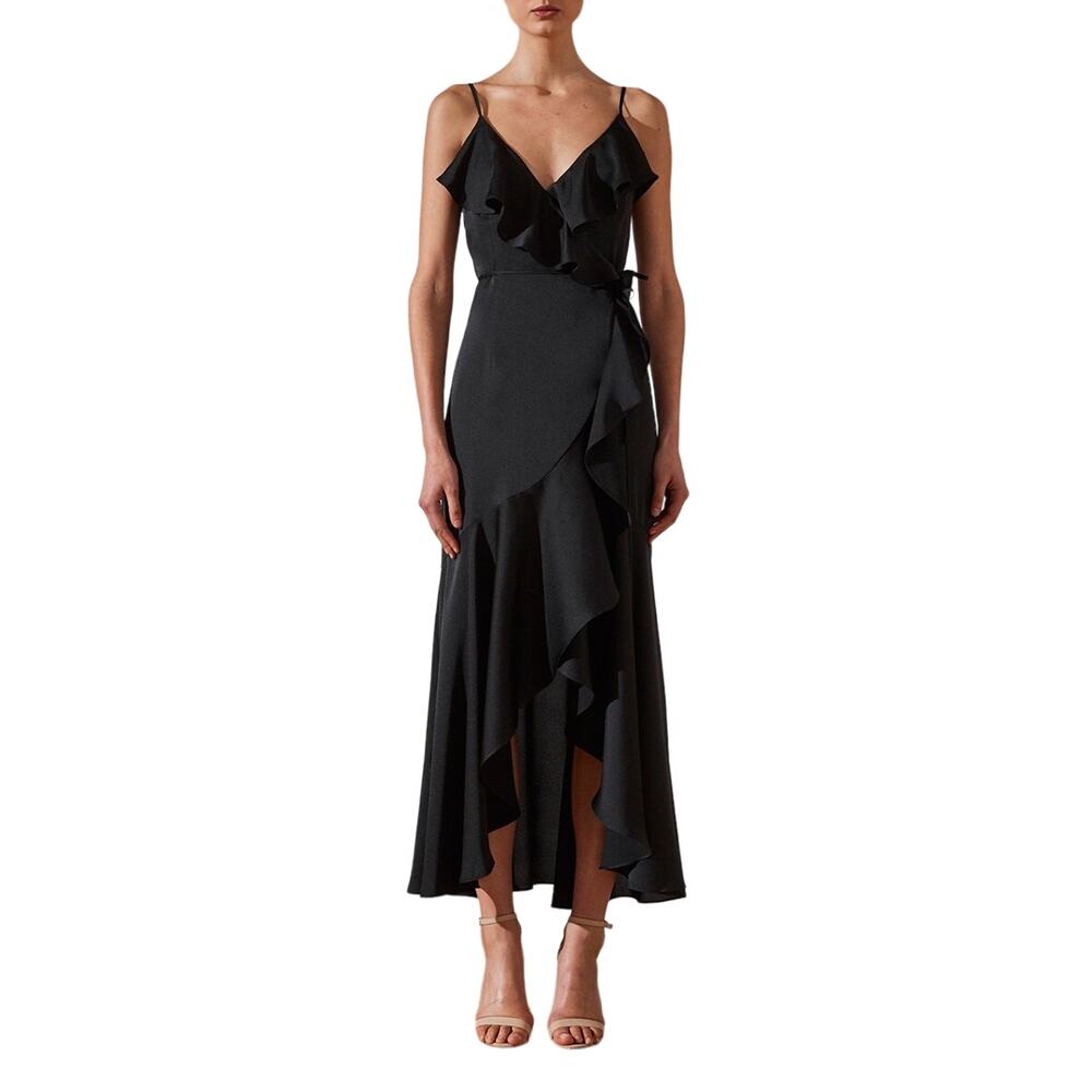 Shona Joy Luxe Bias Frill Wrap Midi Dress in Onyx Size 4
